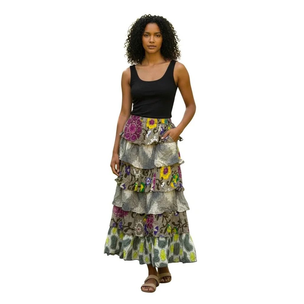 Chic Connection Womens Tiered Maxi‎ Skirt L Floral Boho Ruffle Pockets Handmade